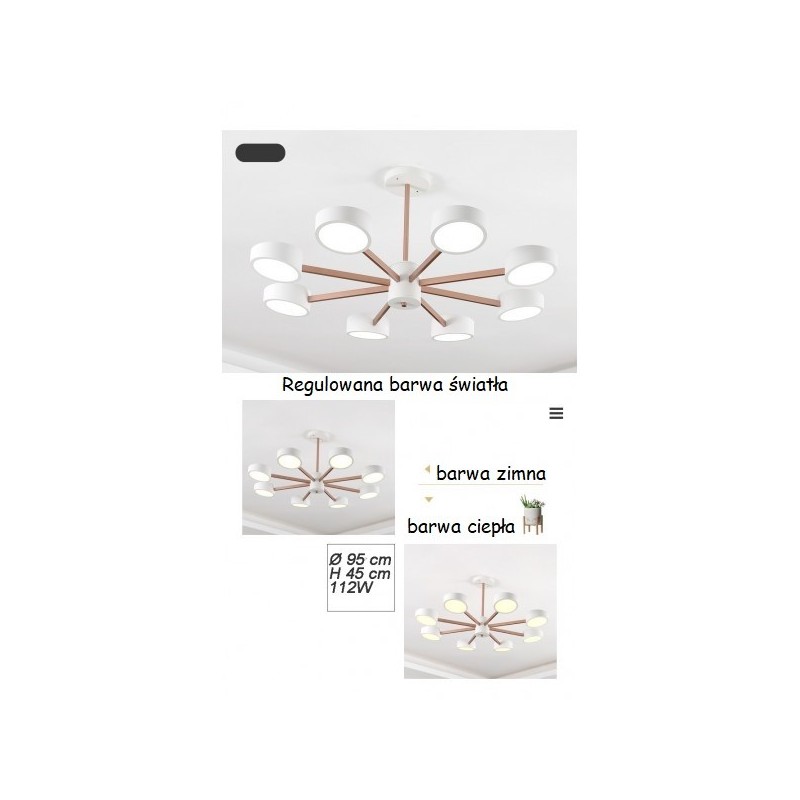 Lampa sufitowa LED z 8 ramionami z dodatkami drewna
