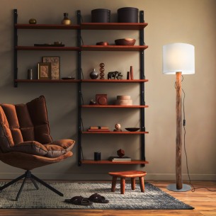 Lampa podłogowa drewniana w stylu loft z białym kloszem,
