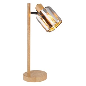 lampka nocna stołowa w kolorze drewna z kloszem kryształowym