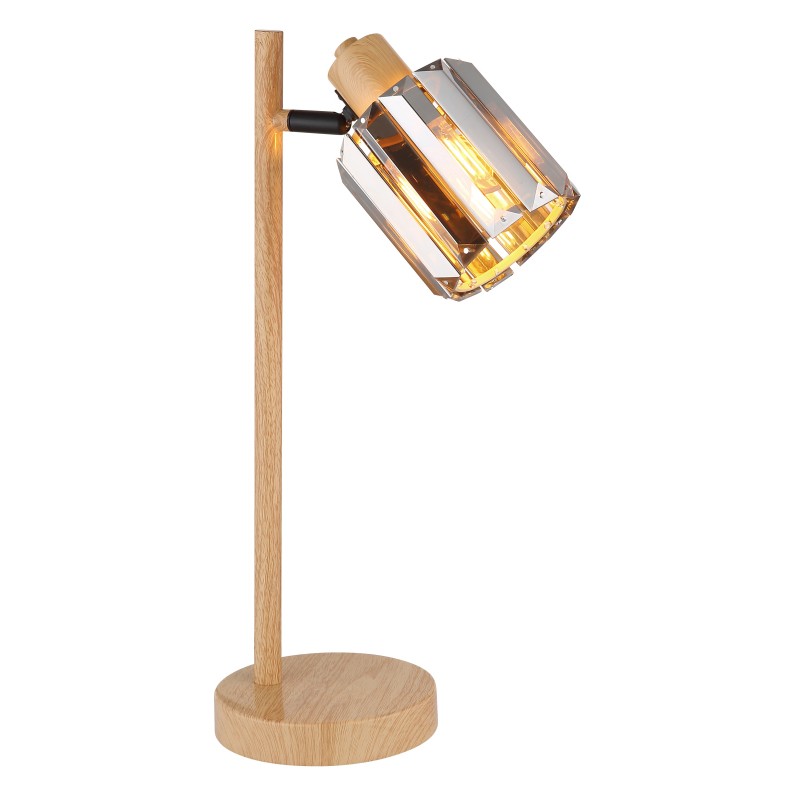 lampka nocna stołowa w kolorze drewna z kloszem kryształowym