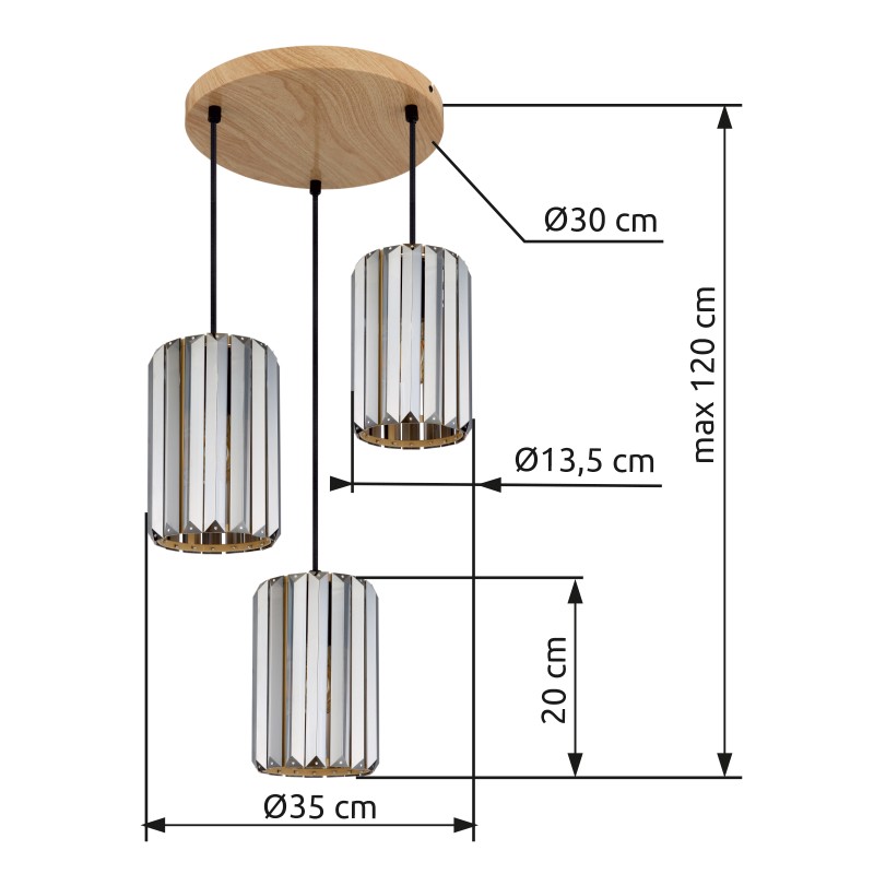 lampa wisząca w stylu glamour z kryształowymi trzema kloszami z postawą z imitacją drewna