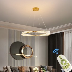 złota lampa wisząca LED z kryształami i pilotem