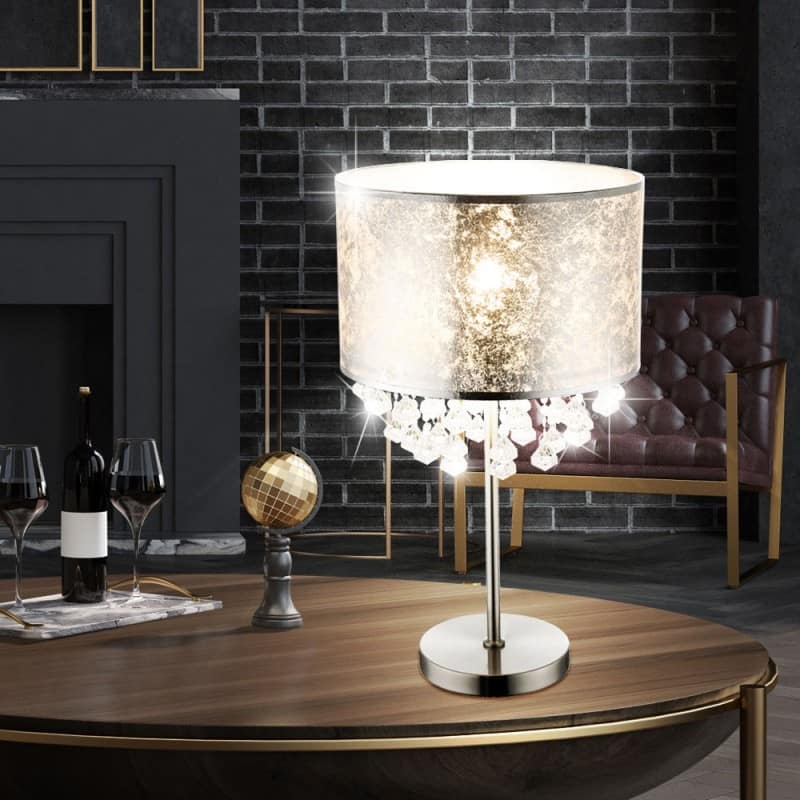 nowoczesna lampa stołowa do salonu złota kryształowa z dużym abażurem