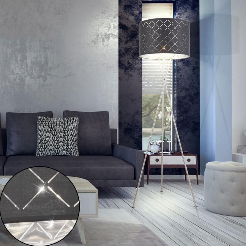 lampa stojąca trójnoga do salonu z szarym abażurem lampa stojąca trójnoga do salonu z szarym abażurem