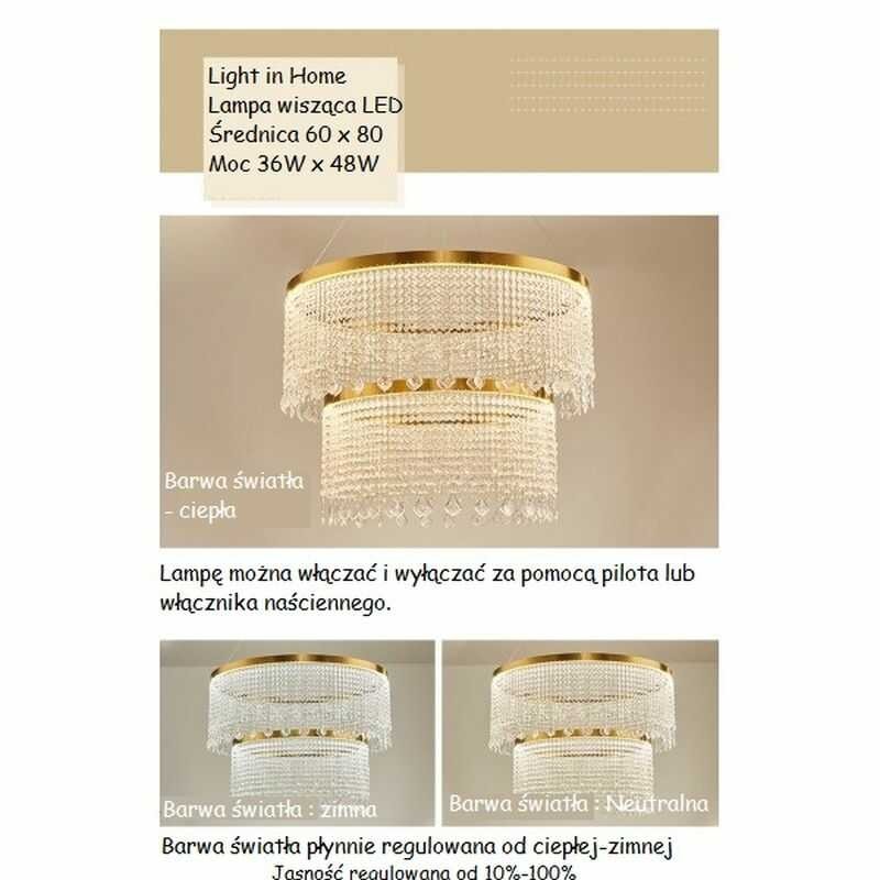 Lampa wisząca długa złota kryształowa