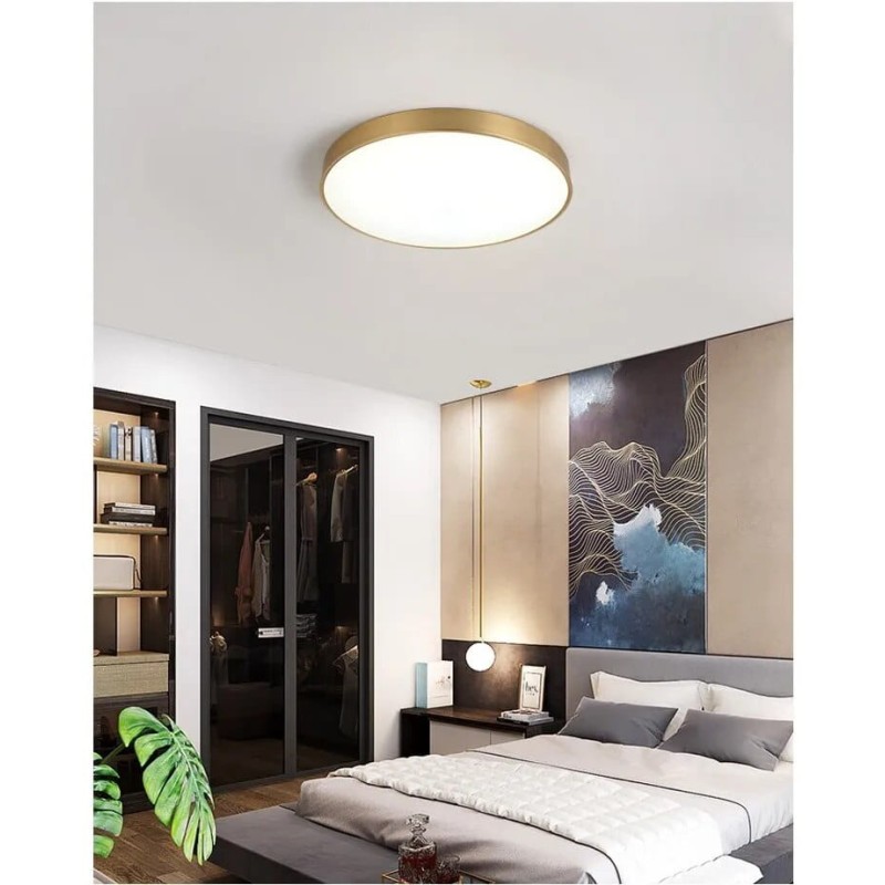 nowoczesny złoty plafon led okrągły do sypialni