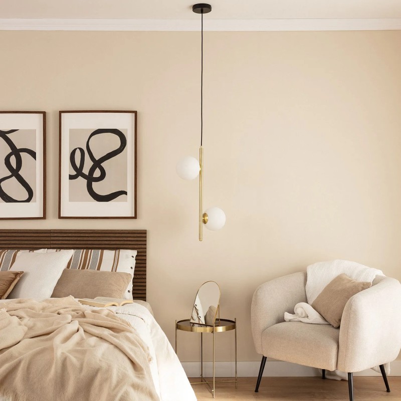 Długa Lampa Wisząca Szklane Kule Mleczna Złota Bari do sypialni