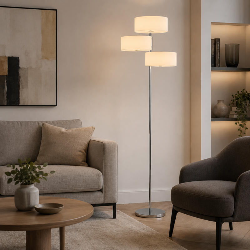 lampa podłogowa chrom 3 białe klosze ELM