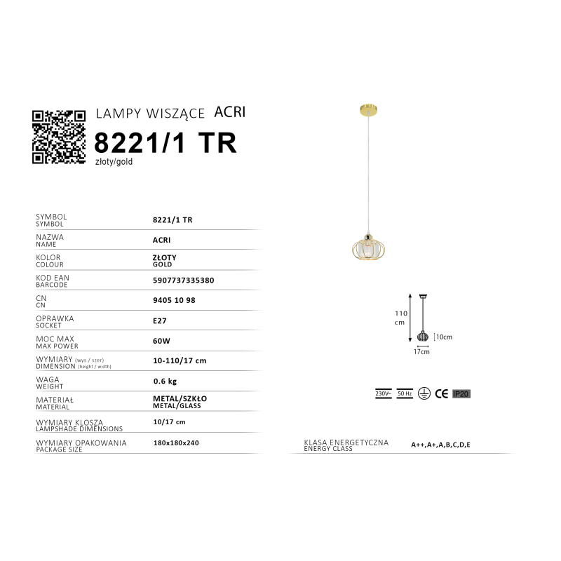 złota lampa metal szkło 17 cm