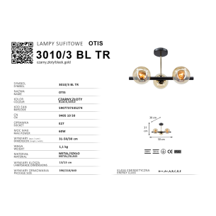 lampa sufitowa czarna złota metal szkło OTIS