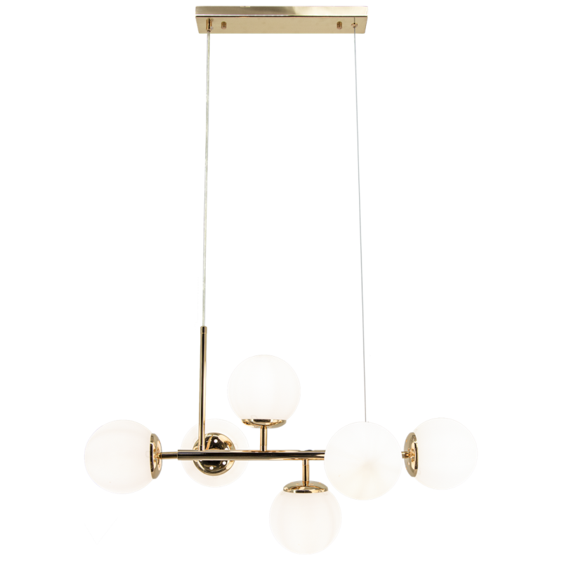 złota lampa wisząca z białymi kulami do salonu