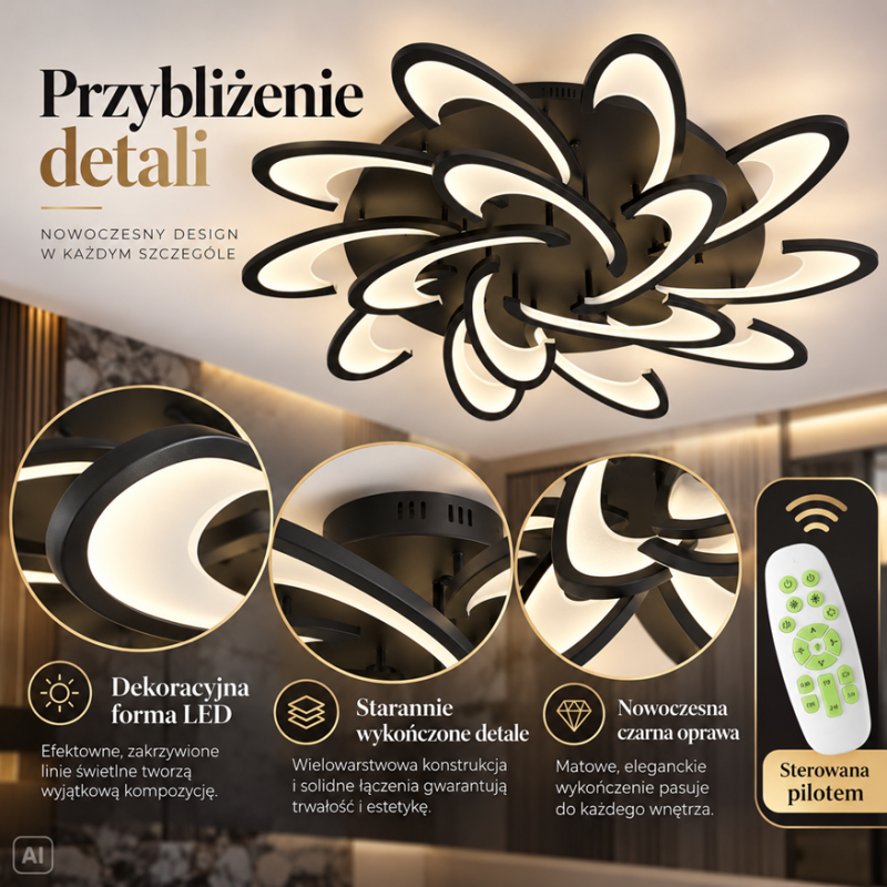 czarna lampa sufitowa LED z pilotem czarna lampa sufitowa LED z pilotem