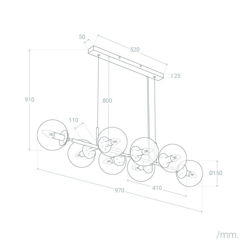 Wymiary Lampy Wiszącej czarnej ze szklanymi kulami Porto