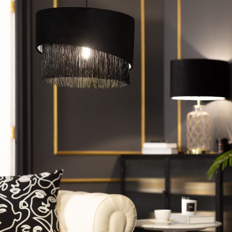 Lampa Wisząca z Czarnego Aksamitu 40cm Fonte w salonie nad stołem