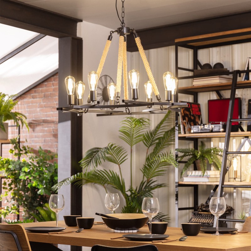 Lampa sufitowa Retro Liny konopne nad stołem w jadalni