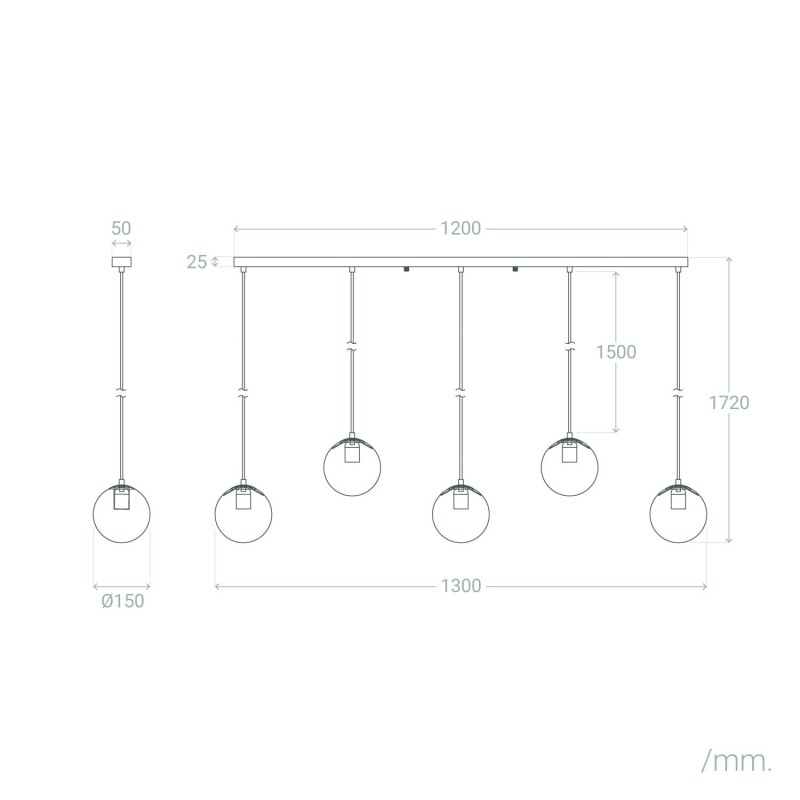 Wymiary Lampy Wiszącej ze szklanymi Kulami w kolorze Złota Dante