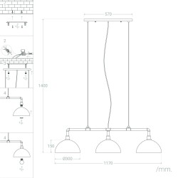 Wymiary - Lampa Wisząca Retro Loft Czarna 100cm 3xE27 Rivia