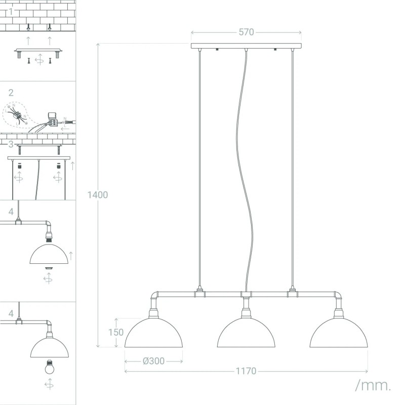 Wymiary - Lampa Wisząca Retro Loft Czarna 100cm 3xE27 Rivia