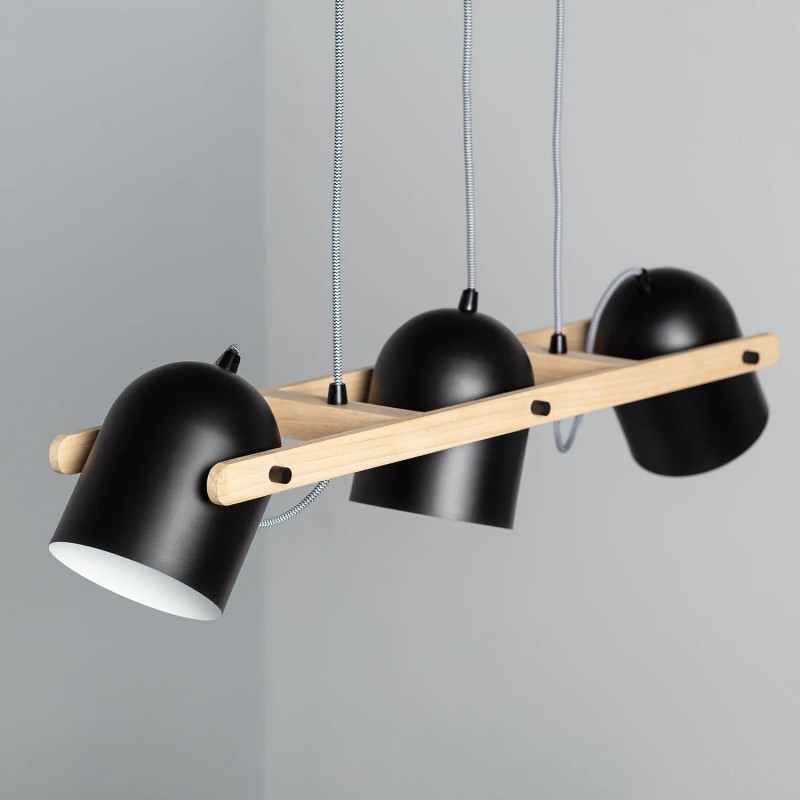 Lampa Wisząca do pokoju dziewczyny Retro Czarna Drewniana reflektory 100cm 3xE27 Caribi