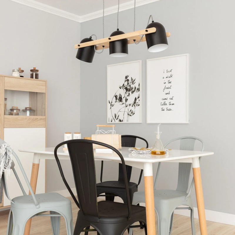 Lampa Wisząca w kuchni nad stołem w stylu Retro Czarna Drewniana reflektory 100cm 3xE27 Caribi