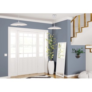 Lampa wisząca z białym kloszem zamontowana na suficie w aranżacji korytarza LUND 1 114x34x34