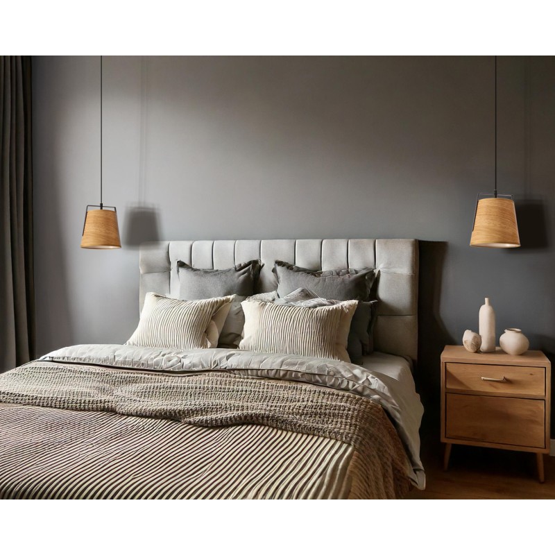 Lampa Wisząca Milbury czarny 1x40W abażur żółty w stylu japandi zamontowany w sypialni