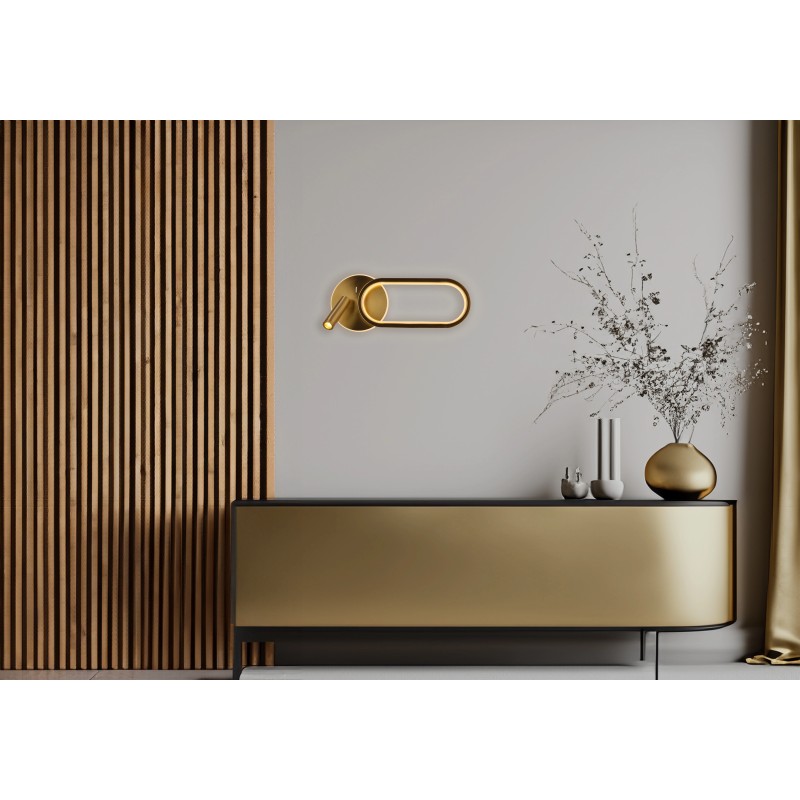 Kinkiet naścienny złoty owal MONET klosz akrylowy 13W LED do sypialni zamontowany na ścianie nad meblem