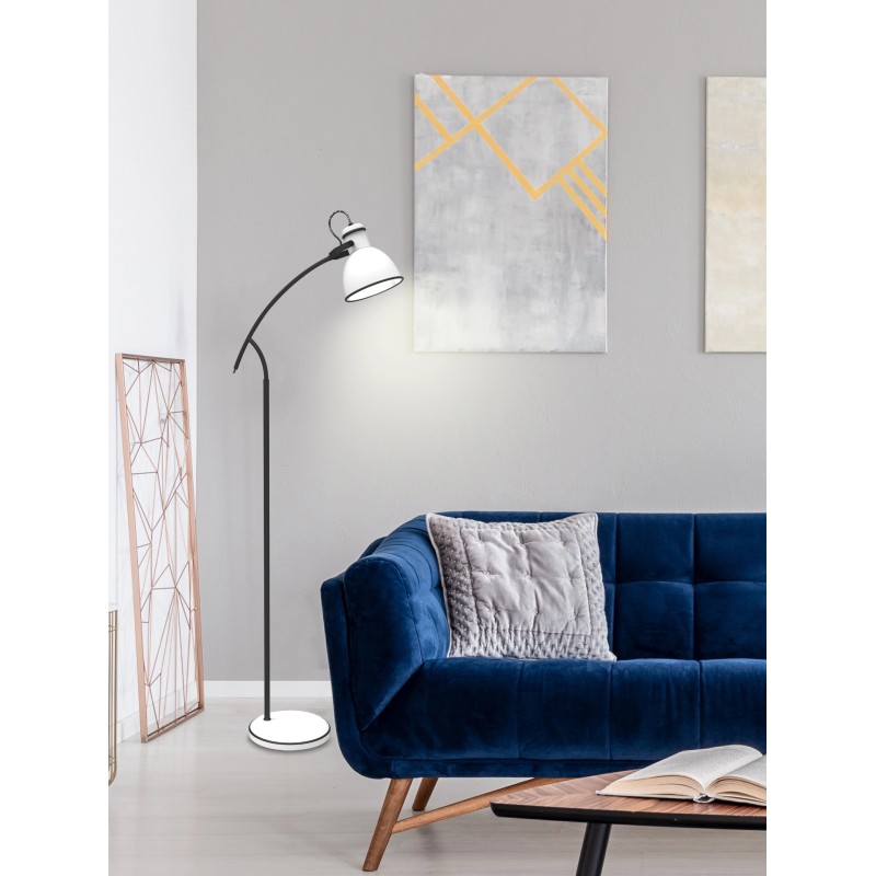 Lampa podłogowa czarno-biała do salonu skośna regulowana Zumba 1xE27 postawiona przy sofie