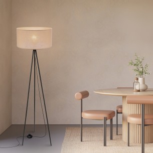 Lampa podłogowa abażur beżowy SHANTI 1x40W czarne nogi w jadalni przy stole