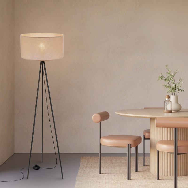 Lampa podłogowa abażur beżowy SHANTI 1x40W czarne nogi w jadalni przy stole