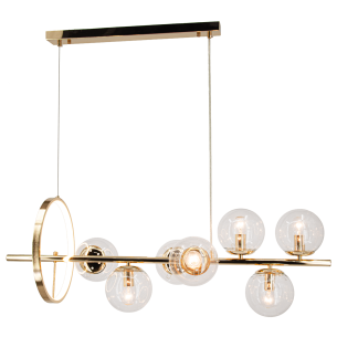 lampa wisząca długa ze złotymi akcentami. Ozdobne szklane klosze