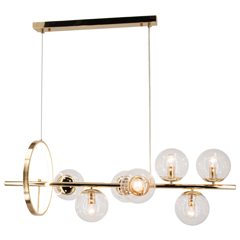 lampa wisząca długa ze złotymi akcentami. Ozdobne szklane klosze