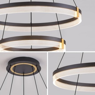 Nowoczesna lampa wisząca dwa pierścienie zamocowane na podstawie za pomocą linek Nowoczesna lampa wisząca dwa pierścienie zamocowane na podstawie za pomocą linek