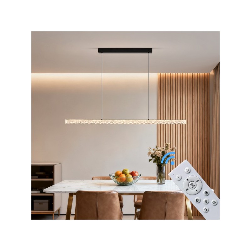 lampa wisząca led czarna długa nad stół do salonu, kuchni oraz jadalni