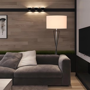 lampa stojąca z abażurem i czarną ramą