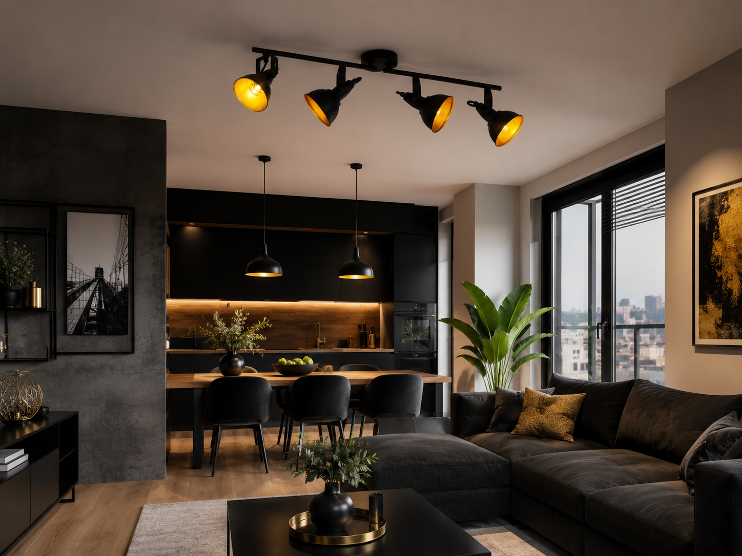 Czarno-złota lampa loftowa do salonu i kuchni