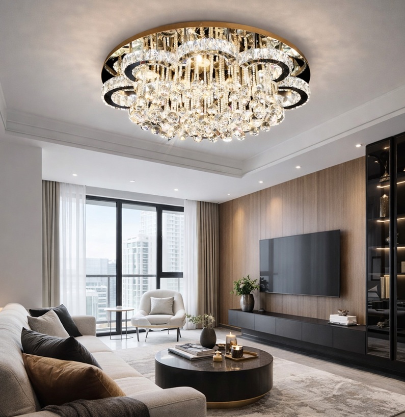 żyrandol LED kryształowy do salonu z funkcją ściemniania na pilota